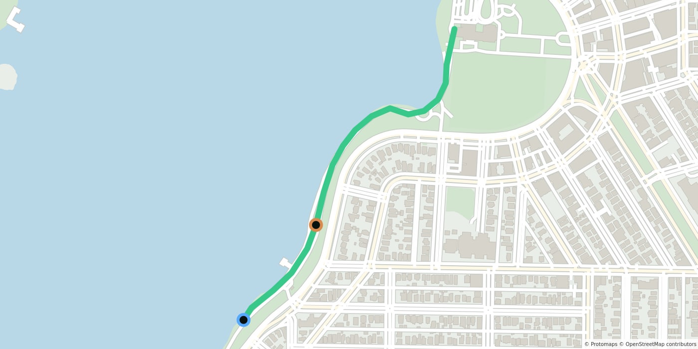 Street map with the privacy-protected walk route and event markers